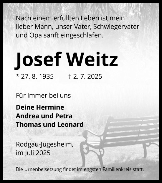 Todesanzeige von Josef Weitz von OFOP