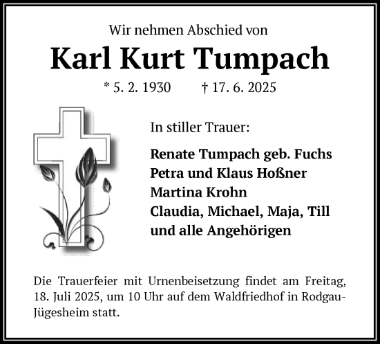 Todesanzeige von Karl Kurt Tumpach von OF0L