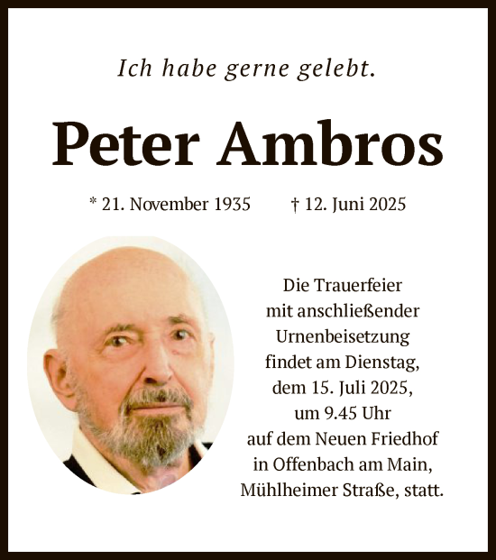 Todesanzeige von Peter Ambros von OFOP