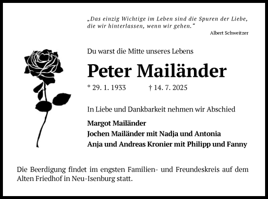 Todesanzeige von Peter Mailänder von OF0W