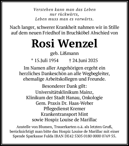 Todesanzeige von Rosi Wenzel von OFHA