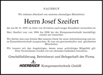 Todesanzeige von Josef Szeifert von MERKUR & TZ