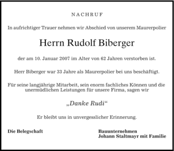 Todesanzeige von Rudolf Biberger von MERKUR & TZ