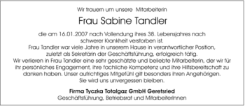 Todesanzeige von Sabine Tandler von MERKUR & TZ