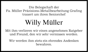 Todesanzeige von Willy Müller von MERKUR & TZ