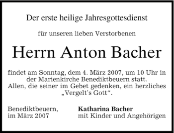 Todesanzeige von Anton Bacher von MERKUR & TZ