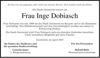 Todesanzeige von Inge Dobiasch von MERKUR & TZ