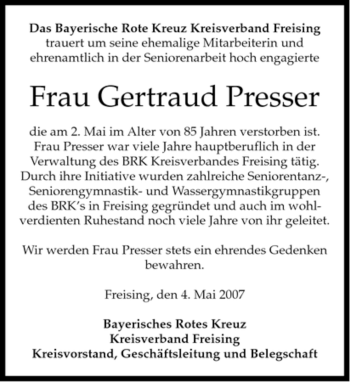 Todesanzeige von Gertraud Presser von MERKUR & TZ