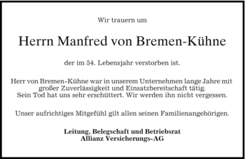 Todesanzeige von Manfred von Bremen-Kühne von MERKUR & TZ