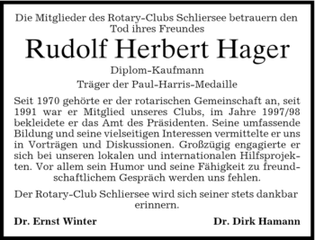 Todesanzeige von Rudolf Herbert Hager von MERKUR & TZ