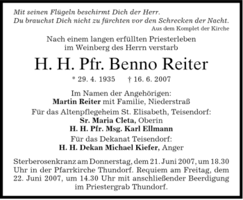 Todesanzeige von Benno Reiter von MERKUR & TZ