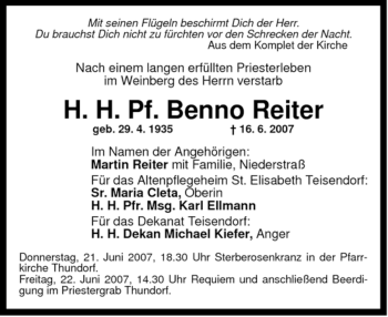 Todesanzeige von Benno Reiter von MERKUR & TZ