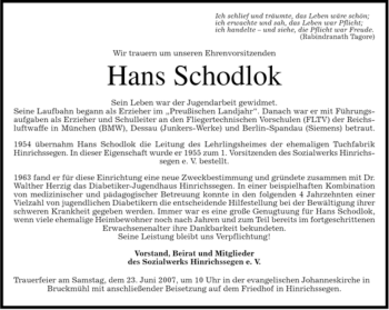 Todesanzeige von Hans Schodlok von MERKUR & TZ
