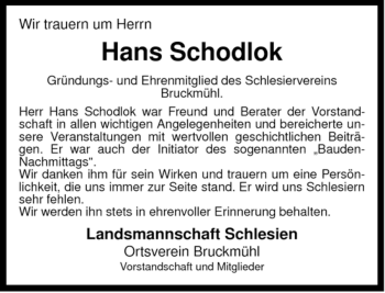 Todesanzeige von Hans Schodlok von MERKUR & TZ