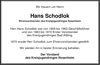 Todesanzeige von Hans Schodlok von MERKUR & TZ