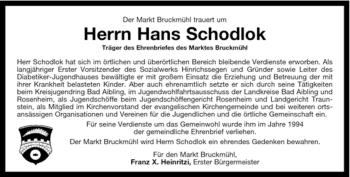 Todesanzeige von Hans Schodlok von MERKUR & TZ