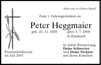 Todesanzeige von Peter Heggmaier von MERKUR & TZ