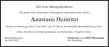 Todesanzeige von Anastasia Heinritzi von MERKUR & TZ