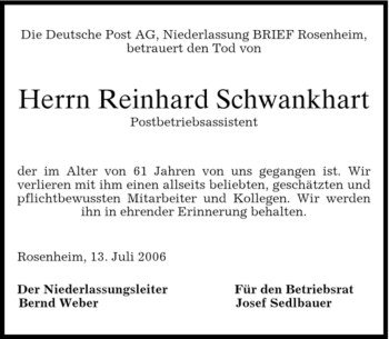 Todesanzeige von Reinhard Schwankhart von MERKUR & TZ