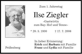 Todesanzeige von Ilse Ziegler von MERKUR & TZ