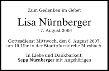 Todesanzeige von Lisa Nürnberger von MERKUR & TZ
