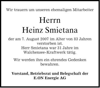 Todesanzeige von Heinz Smietana von MERKUR & TZ