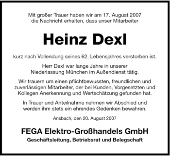 Todesanzeige von Heinz Dexl von MERKUR & TZ
