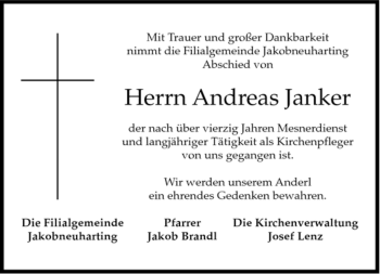 Todesanzeige von Andreas Janker von MERKUR & TZ