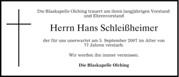 Todesanzeige von Hans Schleißheimer von MERKUR & TZ