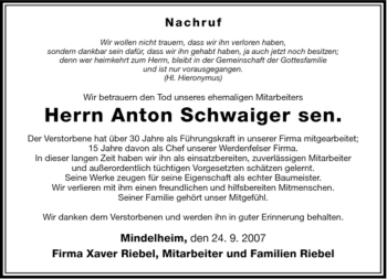 Todesanzeige von Anton Schwaiger sen. von MERKUR & TZ