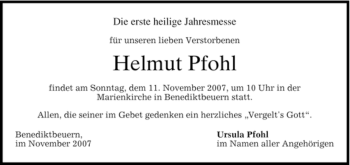 Todesanzeige von Helmut Pfohl von MERKUR & TZ