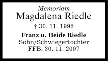 Todesanzeige von Magdalena Riedle von MERKUR & TZ