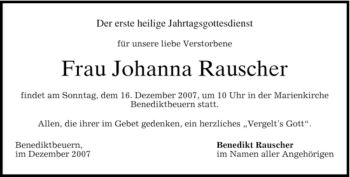 Todesanzeige von Johanna Rauscher von MERKUR & TZ