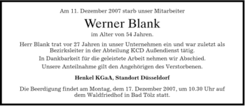 Todesanzeige von Werner Blank von MERKUR & TZ