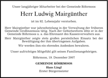 Todesanzeige von Ludwig Mairgünther von MERKUR & TZ