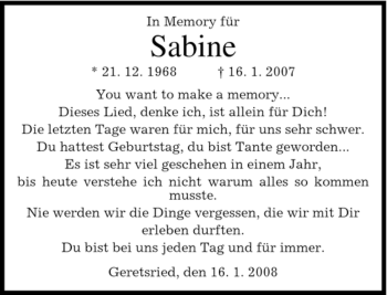Todesanzeige von Sabine Enners von MERKUR & TZ