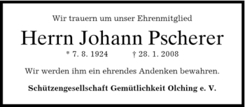 Todesanzeige von Johann Pscherer von MERKUR & TZ