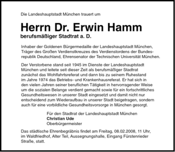 Todesanzeige von Erwin Hamm von MERKUR & TZ