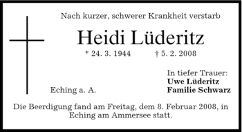Todesanzeige von Heidi Lüderitz von MERKUR & TZ