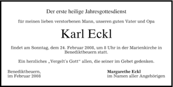 Todesanzeige von Karl Eckl von MERKUR & TZ