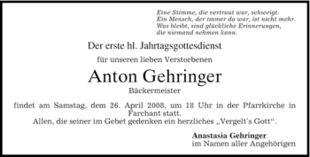 Todesanzeige von Anton Gehringer von MERKUR & TZ