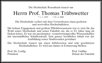Todesanzeige von Thomas Trübswetter von MERKUR & TZ