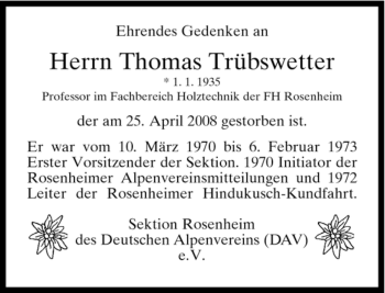 Todesanzeige von Thomas Trübswetter von MERKUR & TZ