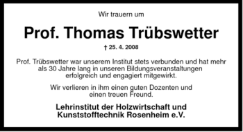 Todesanzeige von Thomas Trübswetter von MERKUR & TZ