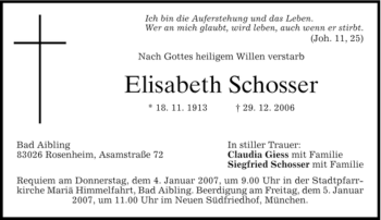 Todesanzeige von Elisabeth Schosser von DORFENER NACHRICHTEN