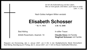 Todesanzeige von Elisabeth Schosser von MERKUR & TZ