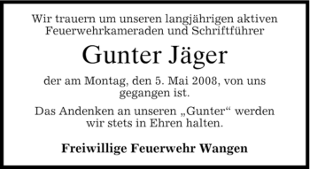 Todesanzeige von Gunter Jäger von MERKUR & TZ
