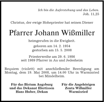 Todesanzeige von Johann Wißmiller von MERKUR & TZ