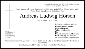 Todesanzeige von Andreas Ludwig Hörsch von MERKUR & TZ