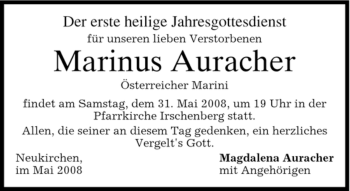 Todesanzeige von Marinus Auracher von MERKUR & TZ
